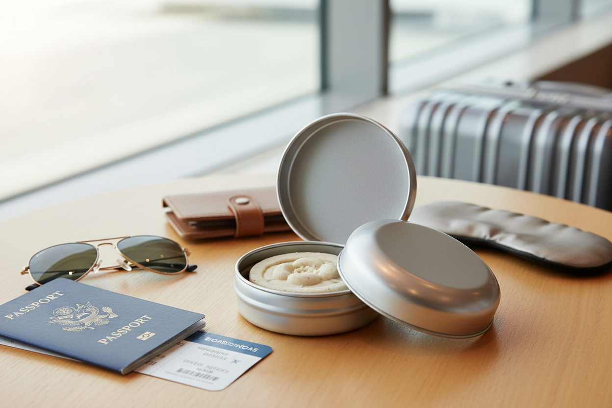 アルミケースに入ったTANE全身シャンプーバー - 旅行シーン