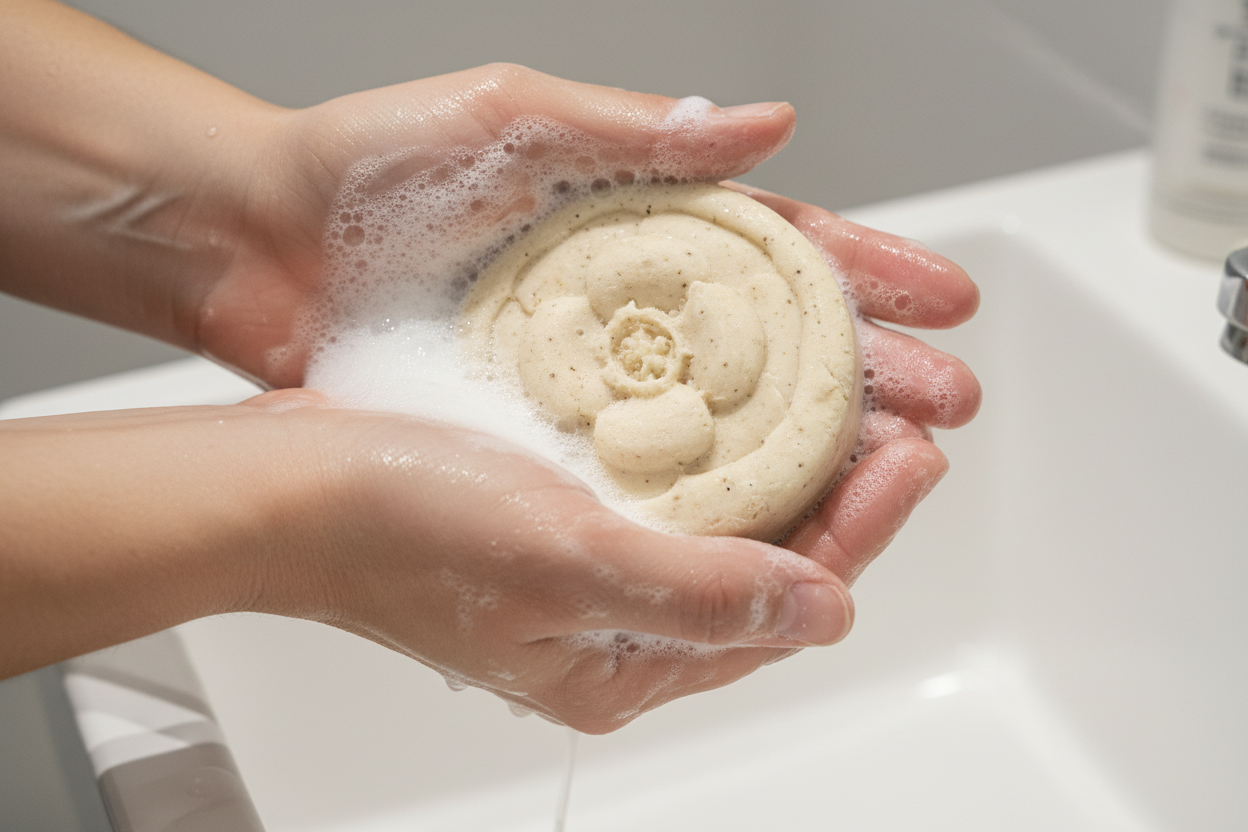 TANEシャンプーバーを泡立てている手元