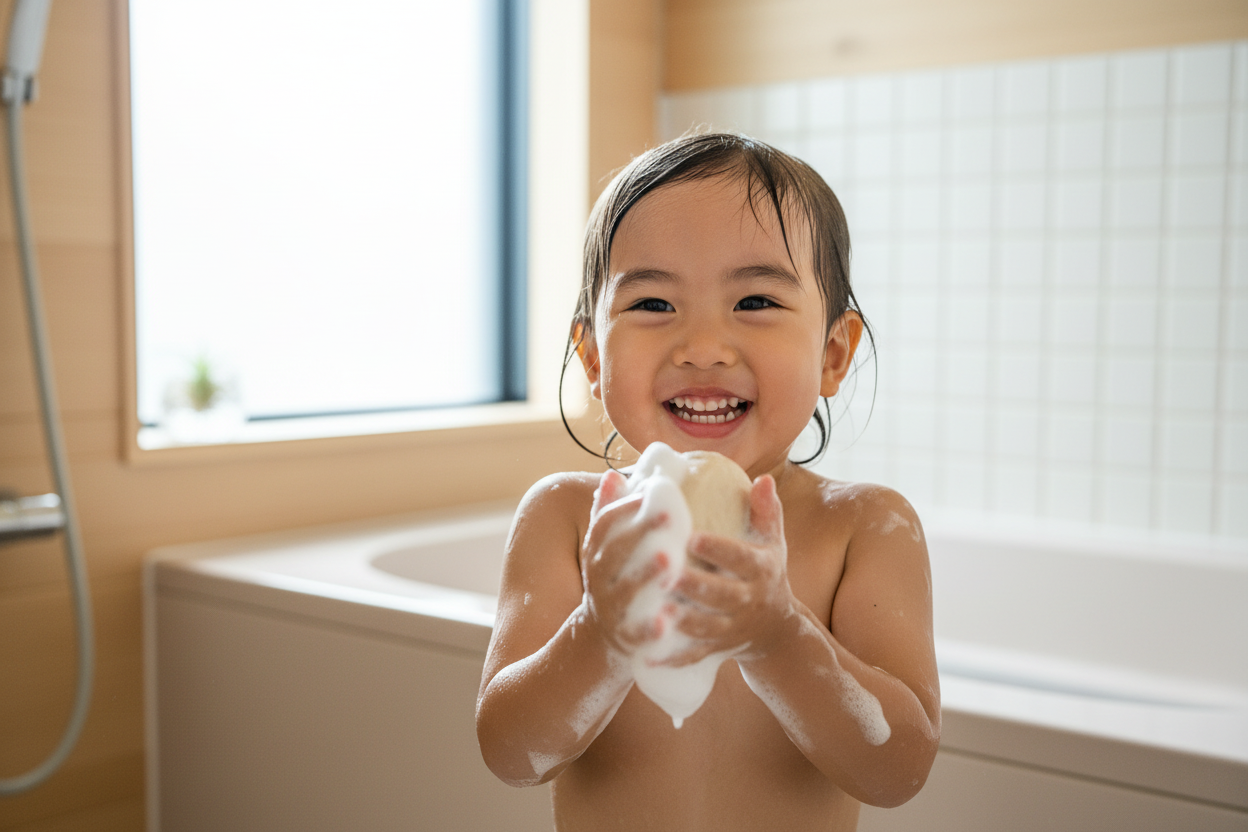 日本人の子供がTANEシャンプーバーを楽しく使っている様子